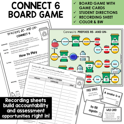 Connect 6 Board Game for prefixes RE- and UN-, with recording sheet