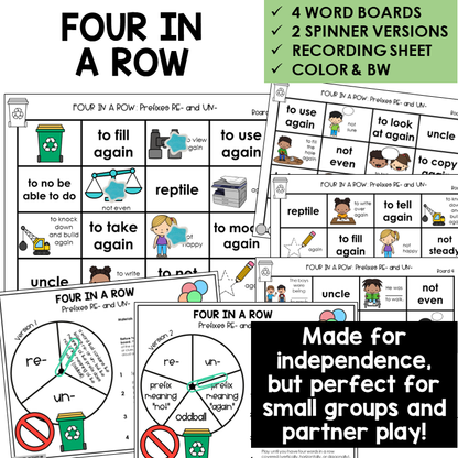 Four In A Row for prefixes RE- and UN-, with spinners and recording sheet