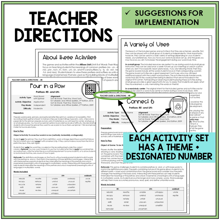 Teacher directions and suggestions for implementation, prefixes RE- and UN-