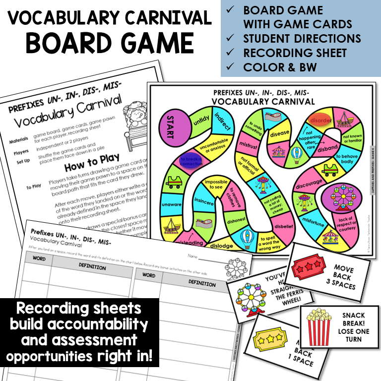 Vocabulary Carnival board game for prefixes UN-, IN-, DIS-, MIS-