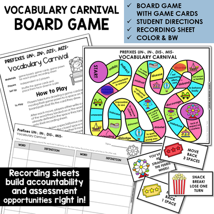Vocabulary Carnival board game for prefixes UN-, IN-, DIS-, MIS-