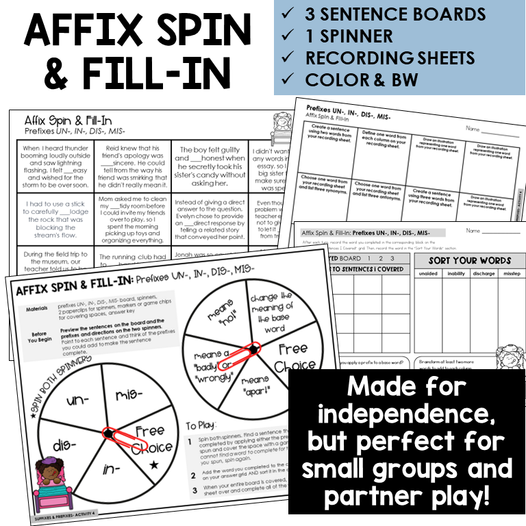 Affix Spin & Fill-In word board activity for prefixes UN-, IN-, DIS-, MIS-