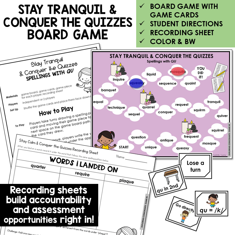 Stay Tranquil & Conquer the Quizzes Board Game for QU words, with recording sheet