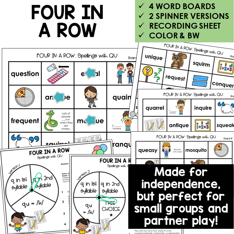 Four In A Row for QU words, with spinners and recording sheet