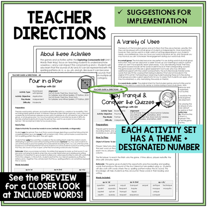 Teacher directions for QU words games