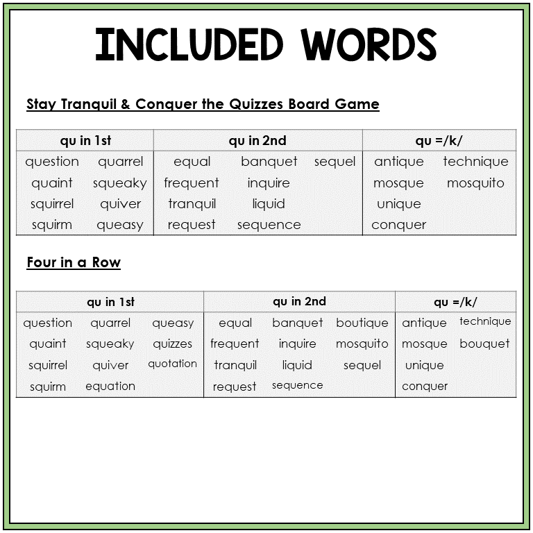 Word list for QU words, Sort 45
