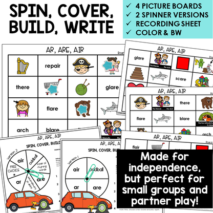 Spin, Cover, Build, Write picture boards for AR, ARE, and AIR