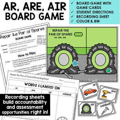 AR, ARE, and AIR board game with word cards and recording sheet