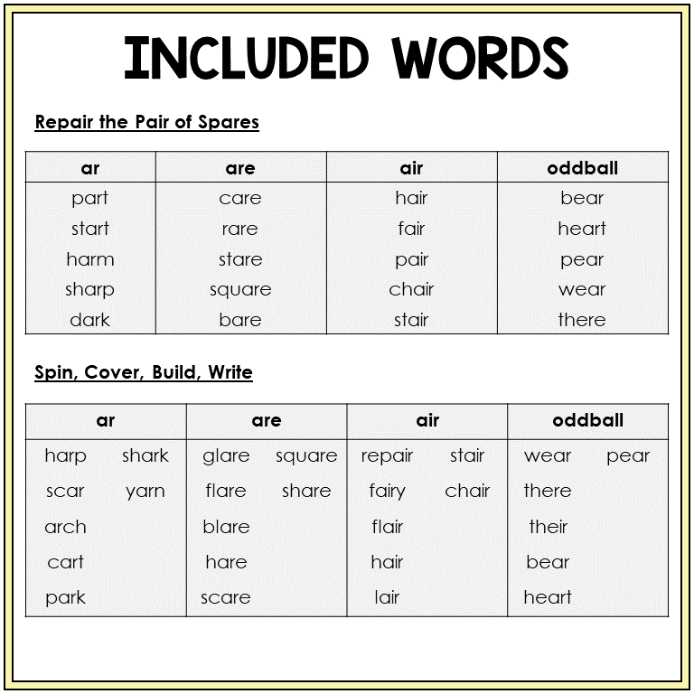 Word list for AR, ARE, and AIR games, Sort 27