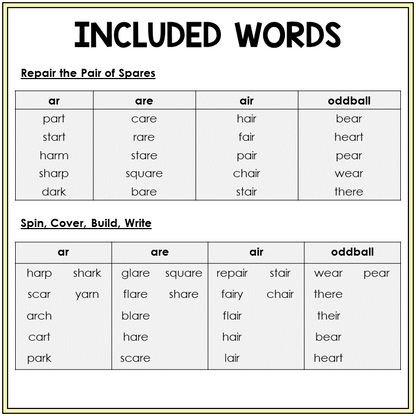 Word list for AR, ARE, and AIR games, Sort 27