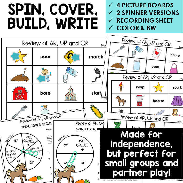 Spin, Cover, Build, Write picture boards for AR, UR, and OR review