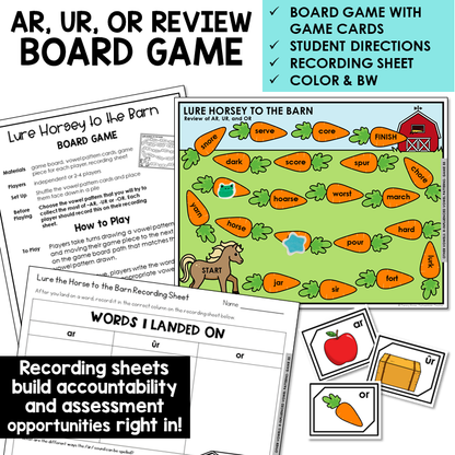 Lure Horsey to the Barn board game with pattern cards and recording sheet