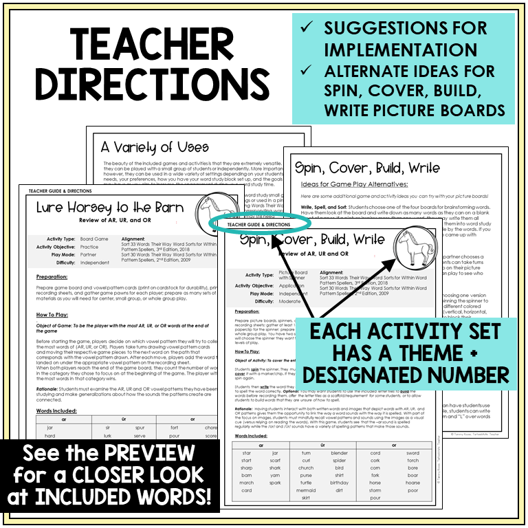 Teacher directions for AR, UR, and OR review games