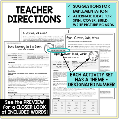 Teacher directions for AR, UR, and OR review games