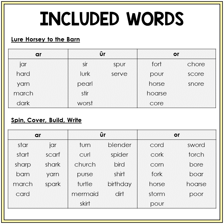 Word list for AR, UR, and OR review games, Sort 33