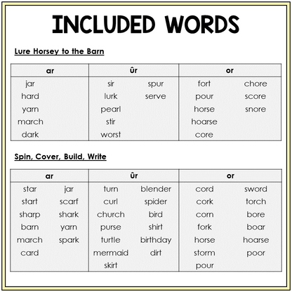 Word list for AR, UR, and OR review games, Sort 33
