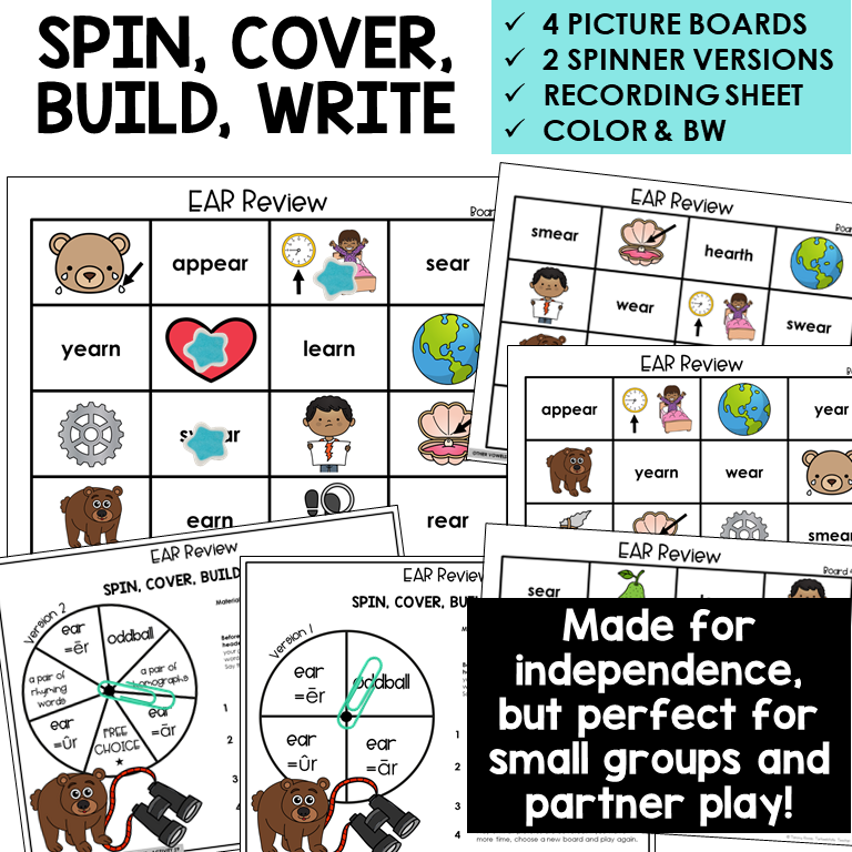 Spin, Cover, Build, Write picture boards for EAR words