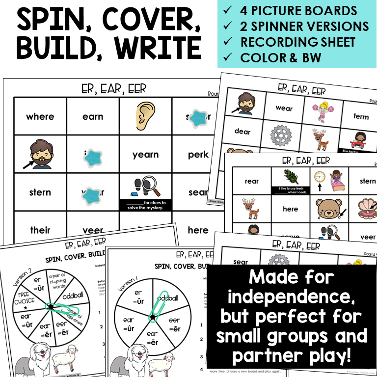 Spin, Cover, Build, Write picture boards for ER, EAR, and EER