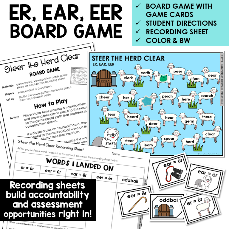 ER, EAR, and EER board game with word cards and recording sheet