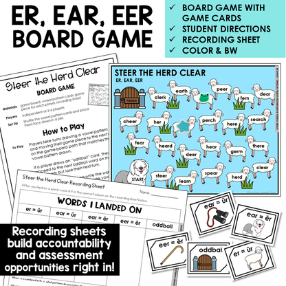 ER, EAR, and EER board game with word cards and recording sheet