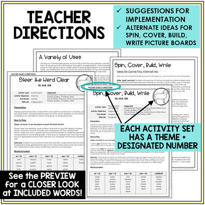 Teacher directions for ER, EAR, and EER games