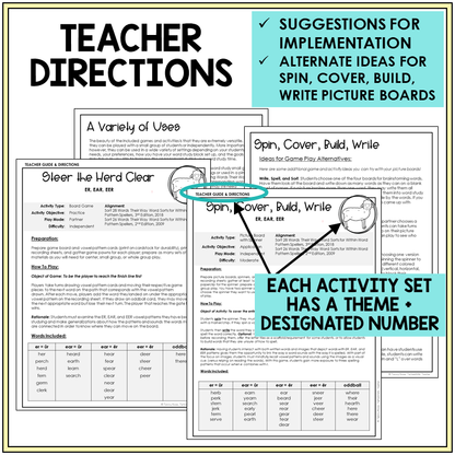 Teacher directions and ideas for Spin, Cover, Build, Write, ER, EAR, and EER