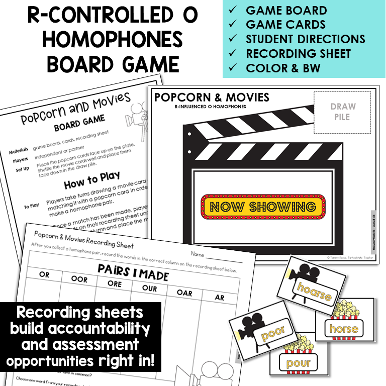 Popcorn and Movies homophone board game with recording sheet