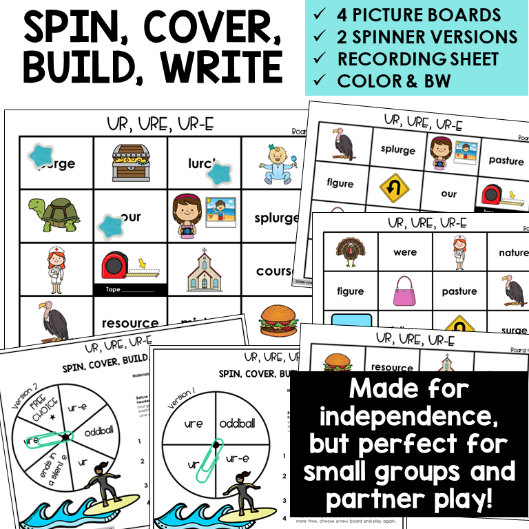Spin, Cover, Build, Write picture boards for UR, URE, and UR-E