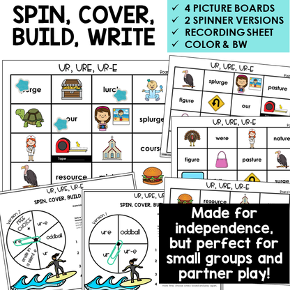 Spin, Cover, Build, Write picture boards for UR, URE, and UR-E