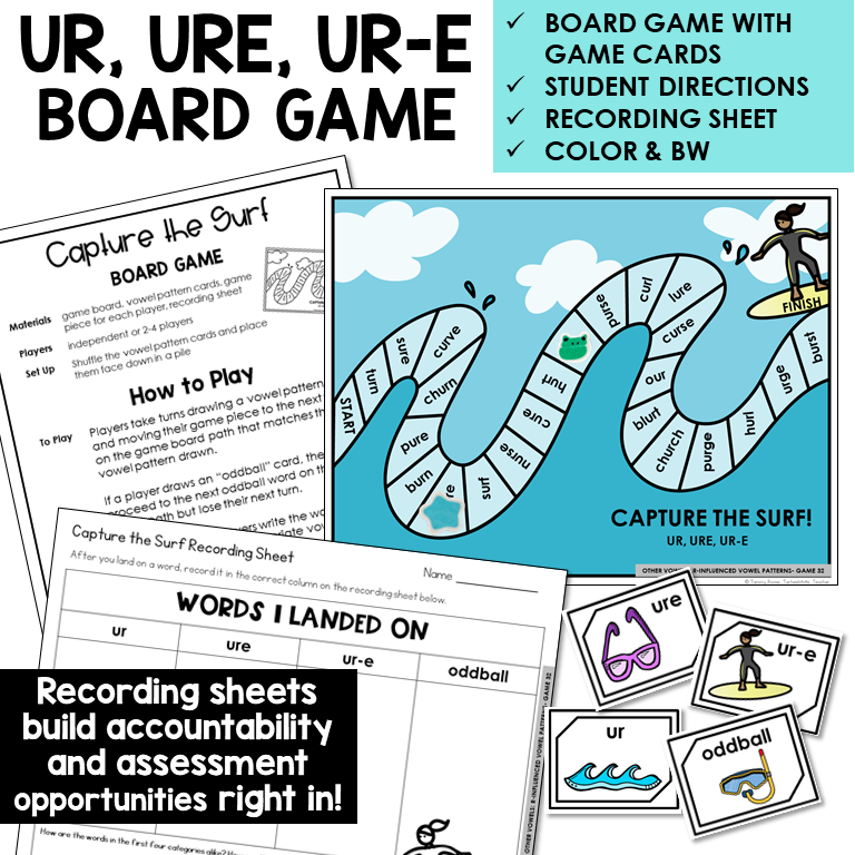 UR, URE, and UR-E board game with word cards and recording sheet