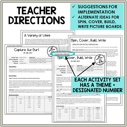 Teacher directions and ideas for Spin, Cover, Build, Write, UR, URE, and UR-E