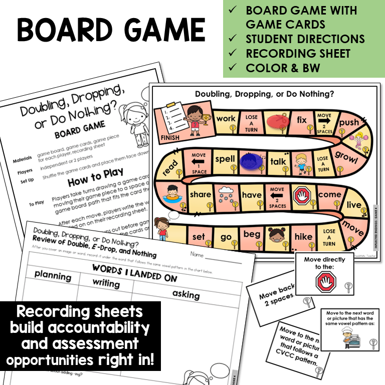 Doubling, Dropping, or Do Nothing? Board Game for reviewing double, drop the E, or no change with -ING, with recording sheet