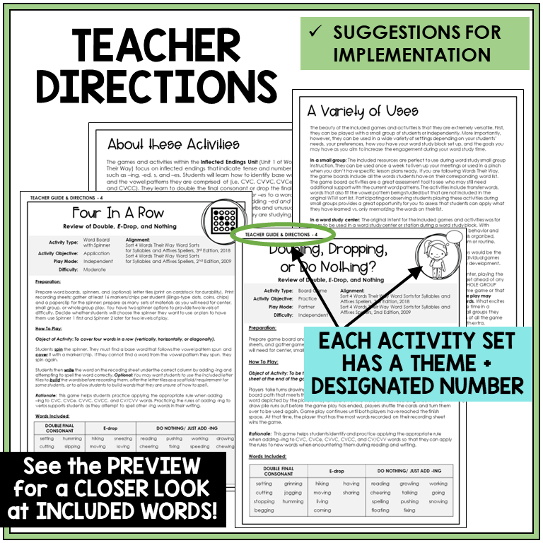 Teacher directions for reviewing double, drop the E, or no change with -ING games