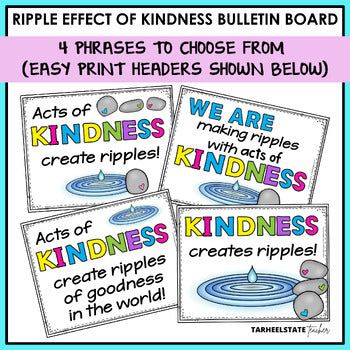 Kindness bulletin board accents including write-on rocks, hands, water ripple, and kindness quotation