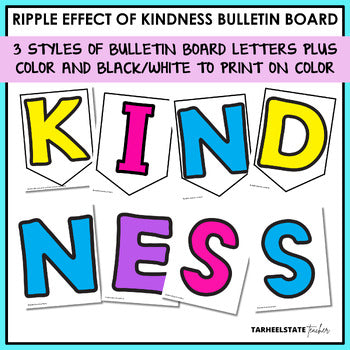 Kindness bulletin board letters in banner, full page, and quarter page versions in color or black and white