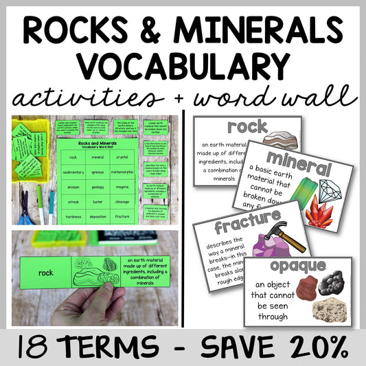Educational materials for teaching rocks and minerals, including vocabulary mats and word wall cards.