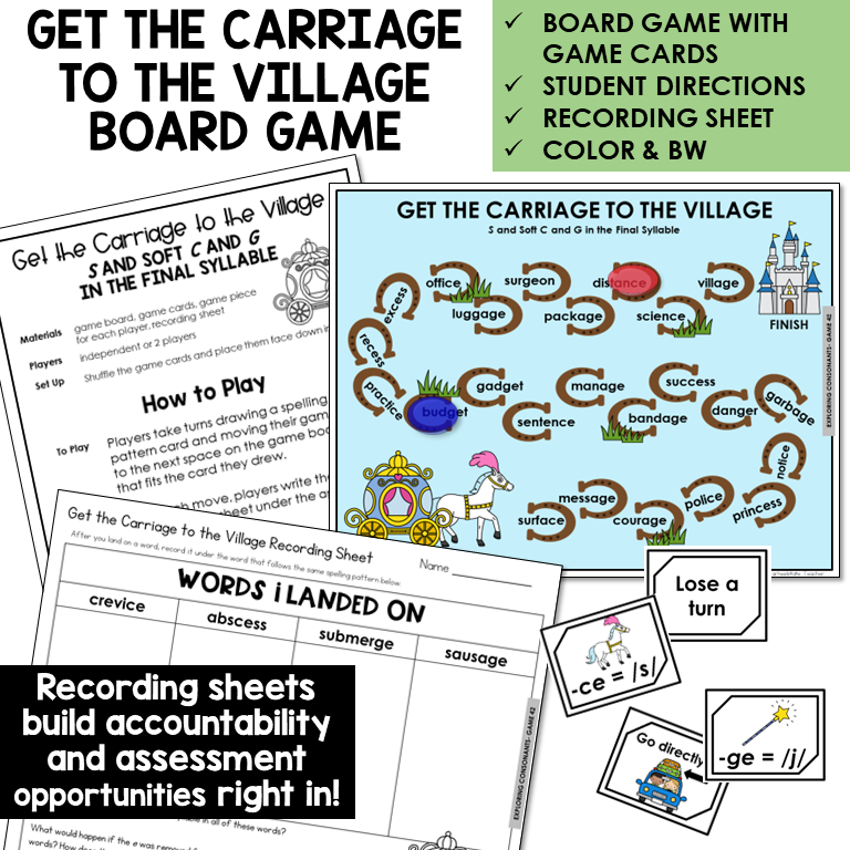 Get the Carriage to the Village Board Game for S and Soft C and G in the final syllable, with recording sheet