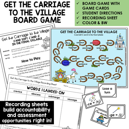 Get the Carriage to the Village Board Game for S and Soft C and G in the final syllable, with recording sheet