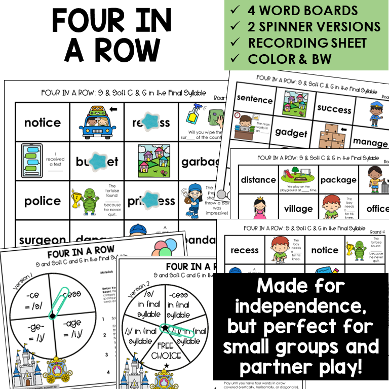 Four In A Row for S and Soft C and G in the final syllable, with spinners and recording sheet
