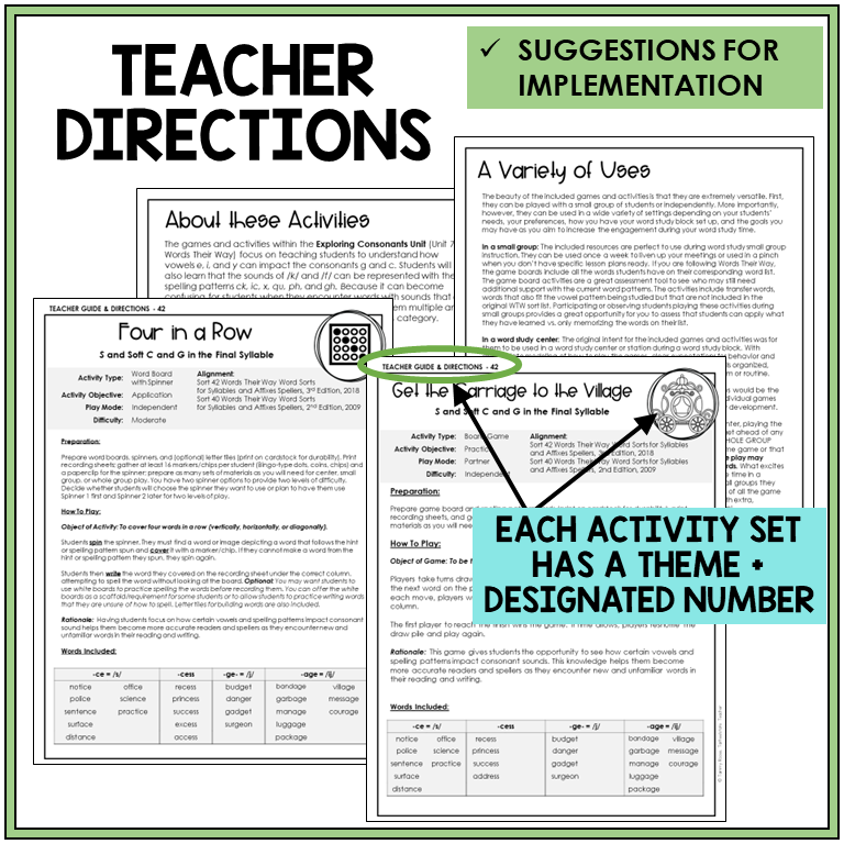 Teacher directions and suggestions for implementation, S and Soft C and G in the final syllable