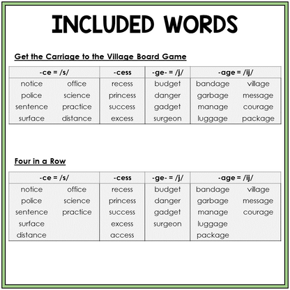 Word list for S and Soft C and G in the final syllable, Sort 42
