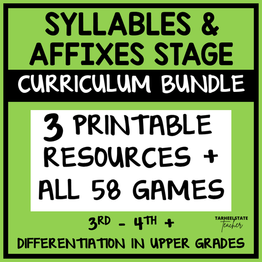 Engaging spelling activities and resources for spellers in the Syllables and Affixes stage including word searches, fill-in-the-blank activities, interactive spelling notebook exercises, partner and independent spelling games, and weekly spelling homework.