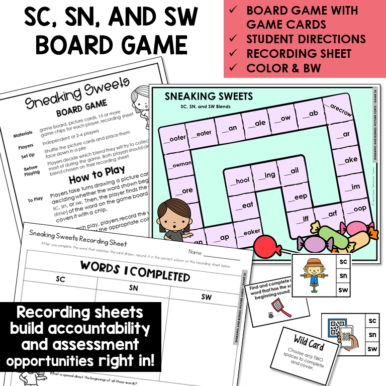 Sneaking Sweets board game, game cards, and recording sheet for blends SC, SN, and SW