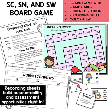 Sneaking Sweets board game, game cards, and recording sheet for blends SC, SN, and SW
