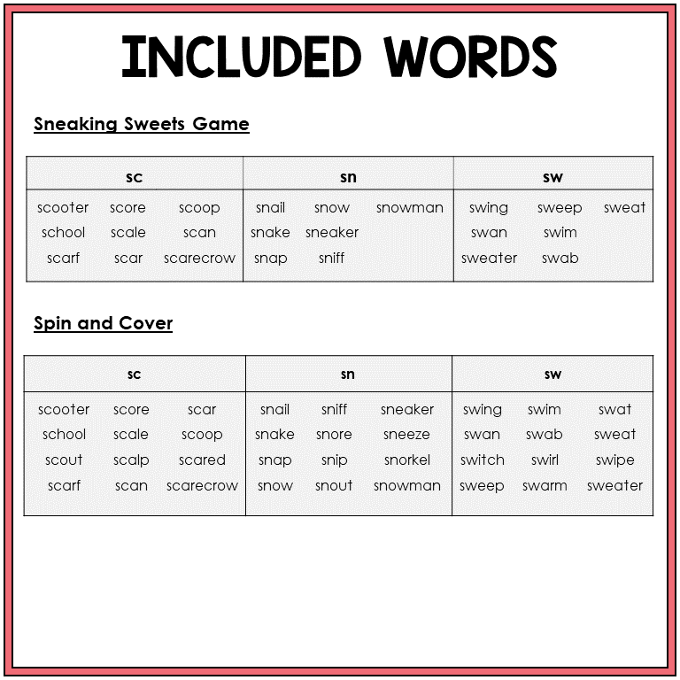 Word list for blends SC, SN, and SW games, Sort 26