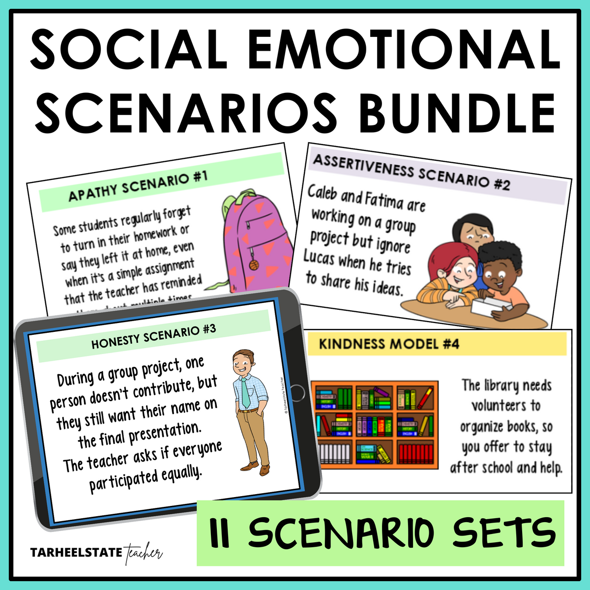 Social emotional scenarios bundle with 11 SEL scenario card sets for social problem solving in grades 3-6