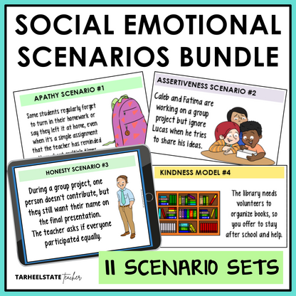 Social emotional scenarios bundle with 11 SEL scenario card sets for social problem solving in grades 3-6