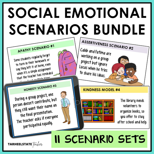 Social emotional scenarios bundle with 11 SEL scenario card sets for social problem solving in grades 3-6