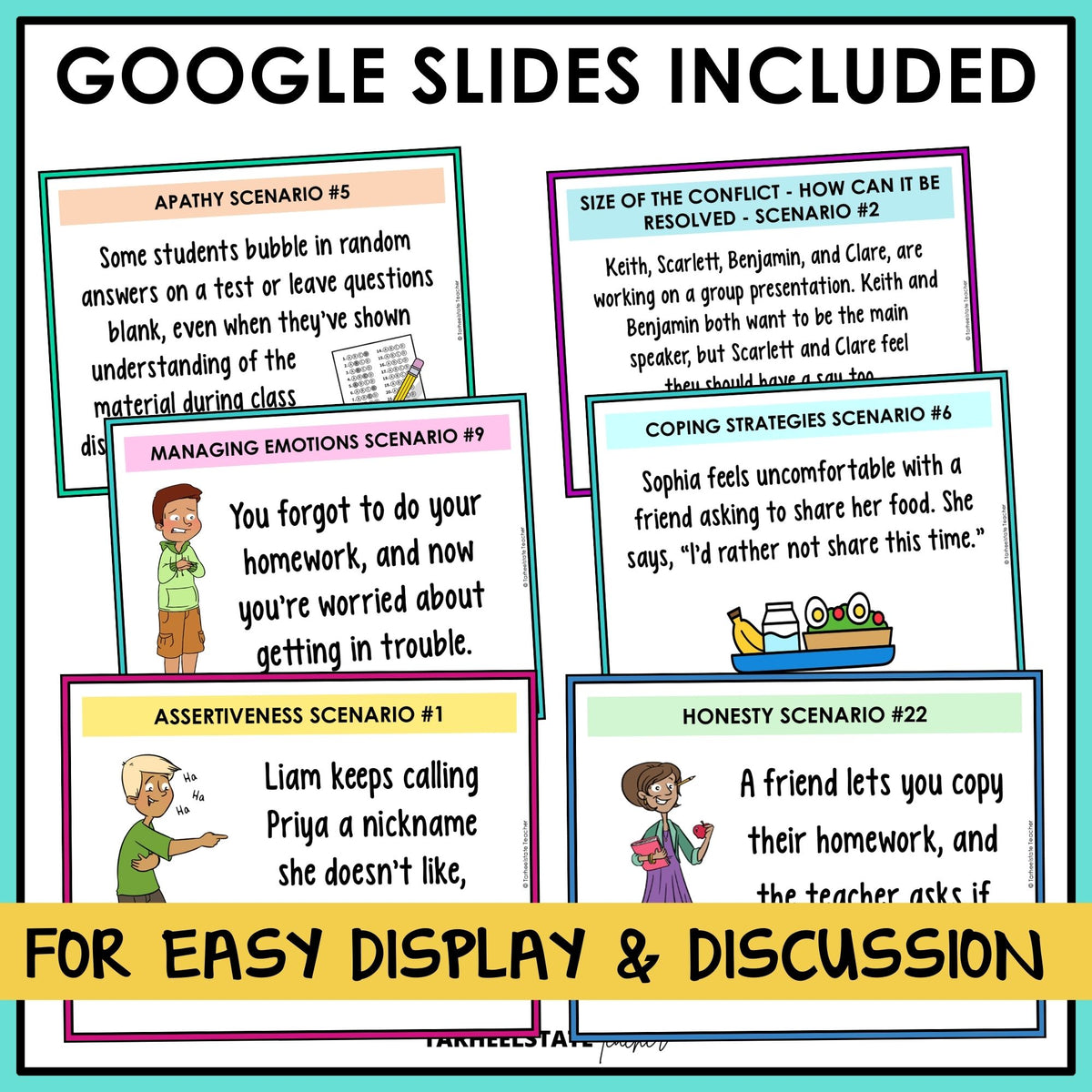 Social emotional scenario cards in Google Slides for easy display and class discussion