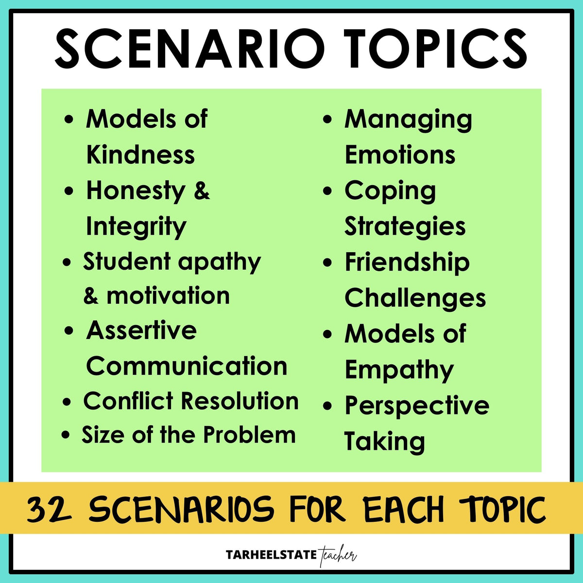 SEL scenario topics including kindness, honesty, assertive communication, conflict resolution, and coping strategies